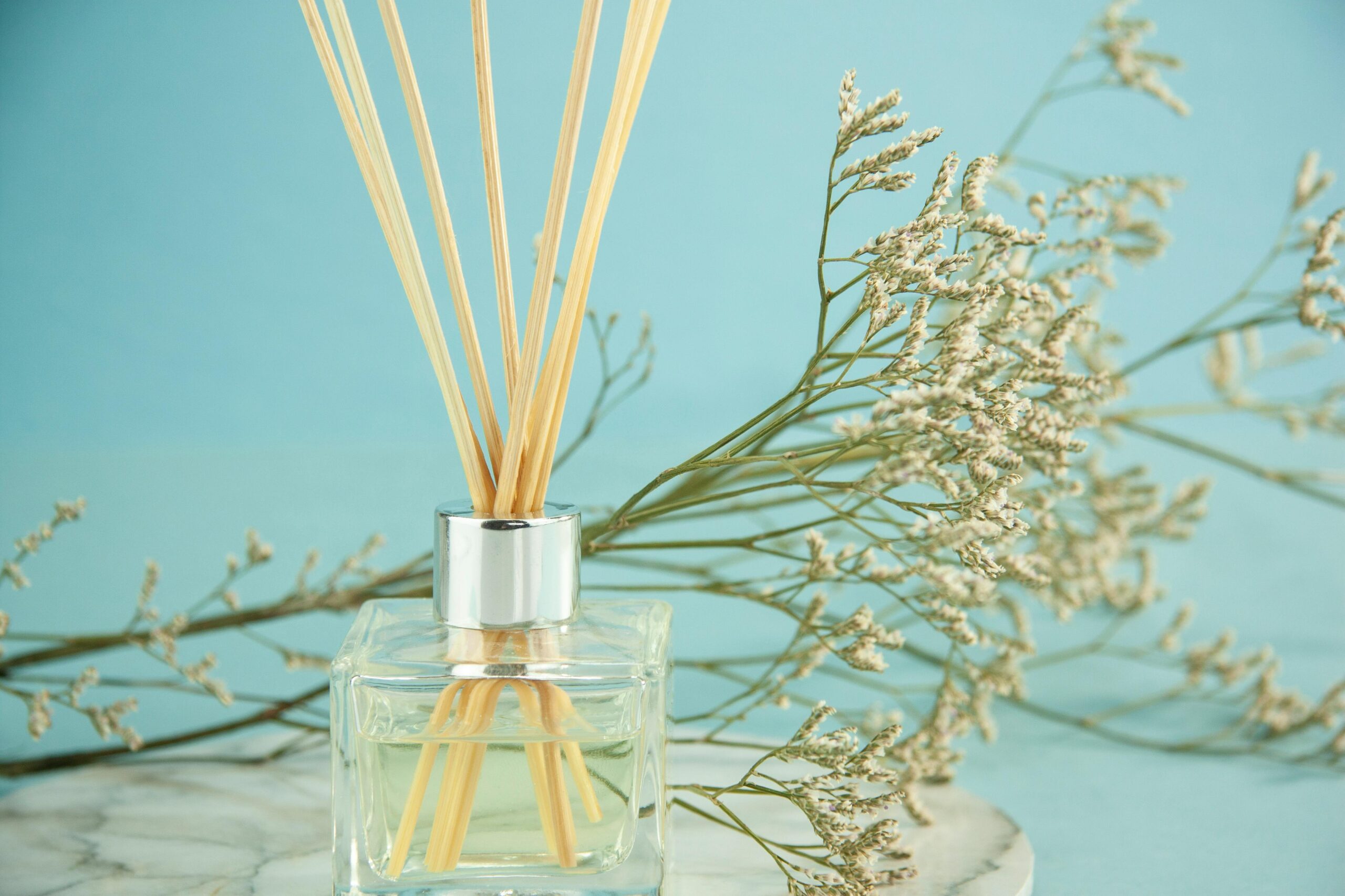 Composition of aroma sticks in glass diffuser with Gypsophila branches against blue background