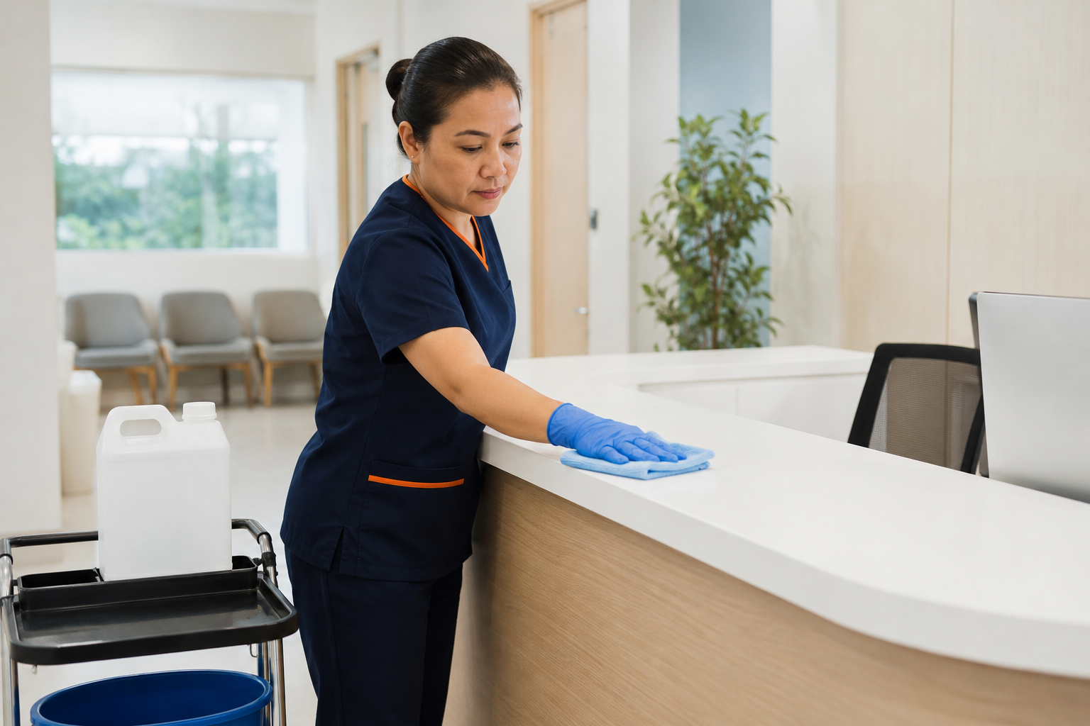 Professional Filipino cleaner wiping a high-touch clinic reception counter with a microfiber cloth