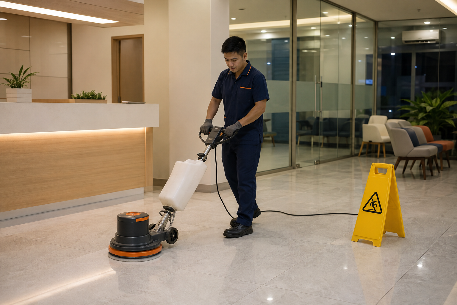 Professional cleaner using a commercial floor-polishing machine in an empty clinic reception area with a caution sign