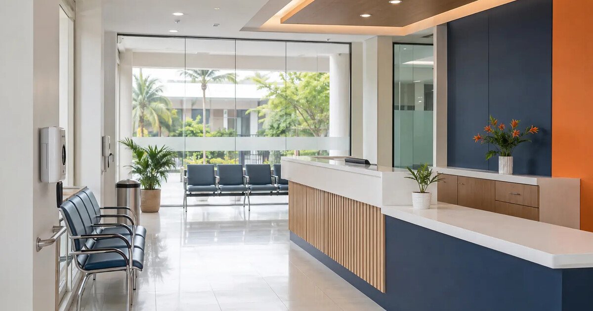 Clean modern clinic reception area in the Philippines with a tidy counter and waiting chairs